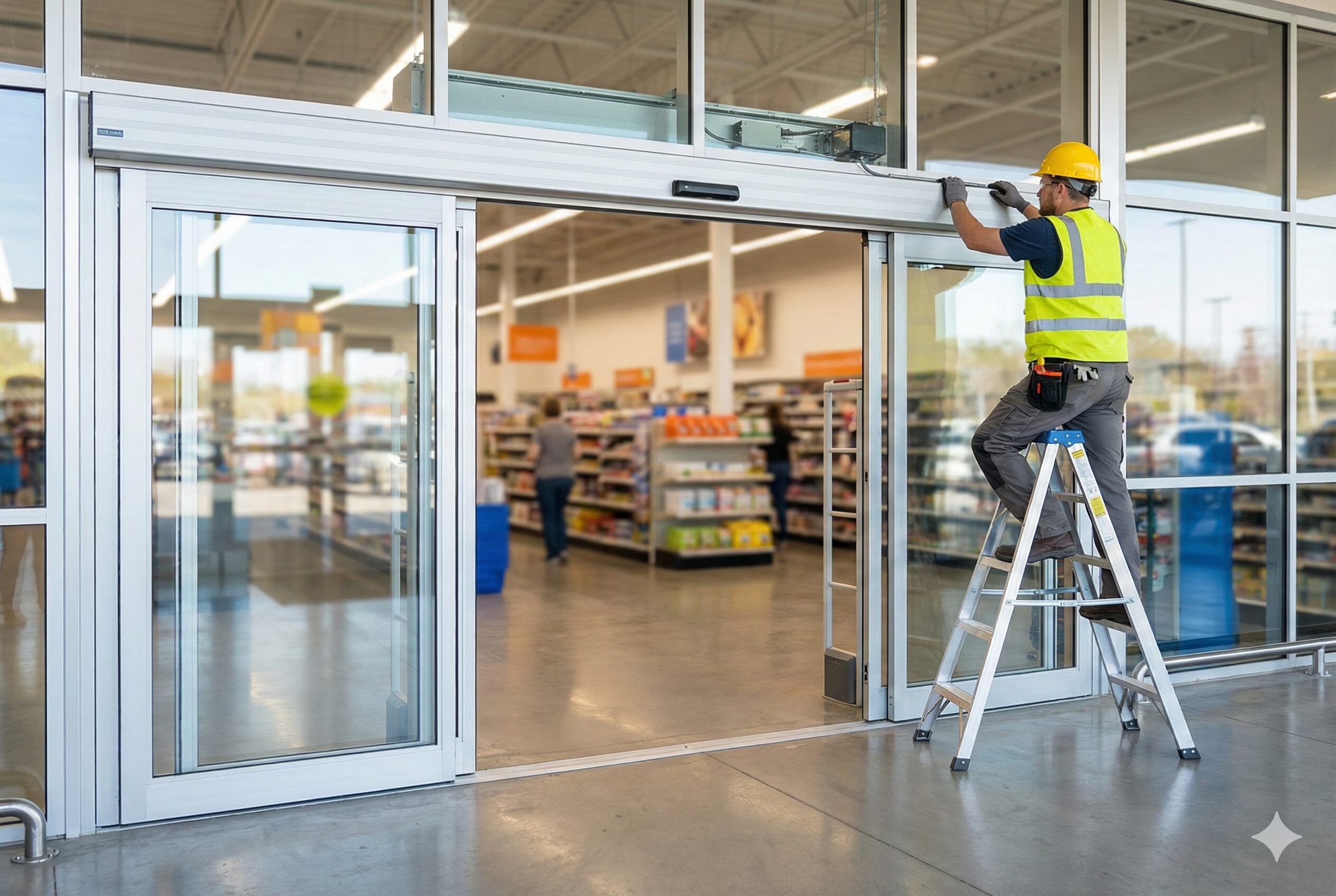 Worker installing commercial storefront glass doors