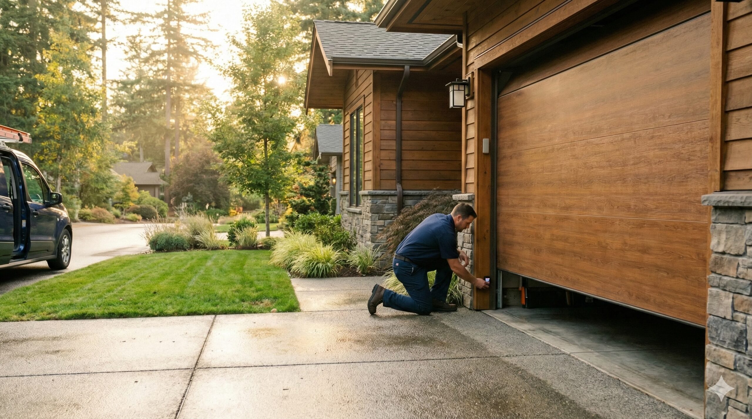 Technician repairing residential garage door
